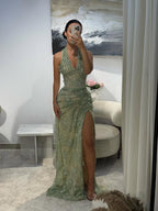 Cocoslly Halter Sleeveless Pleated Long Mermaid Split Prom Dress With Embroidered Appliqué | Dusty Sage Green Lace CO0014
