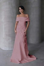 Cocoslly Off-The-Shoulder Strapless Sleeveless Long Mermaid Prom Dress With Flowers Appliqués | Red Satin ZA0194