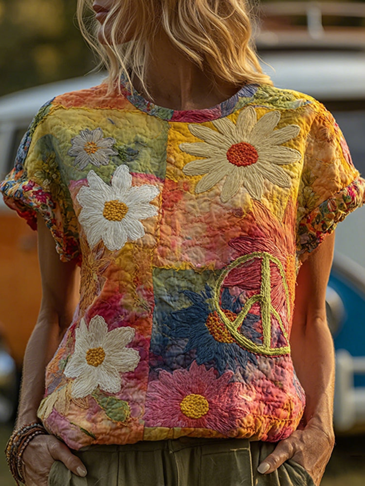 Women's Hippie Watercolor Daisy Art Patchwork Print Crew Neck Cotton T-shirt