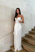 Cocoslly Spaghetti Straps Sleeveless High Waist Long Prom Dress With Tassel And Rhinstone | Champage Chiffon WQ0759