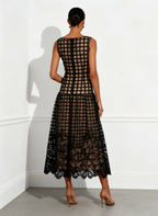 Black Floral Plaid Classic Boat Neck Sleeveless A-Line Midi Dress