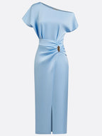 Women Blue Satin Buckle Asymmetrical Short Sleeve Dressy Top With Skirt Two-Piece Set