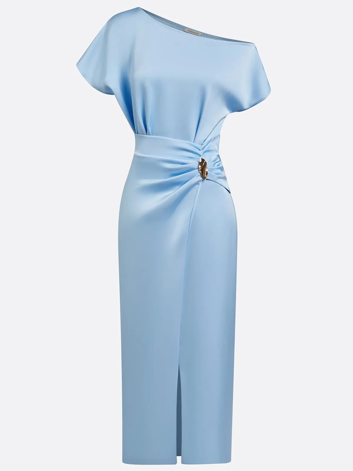 Women Blue Satin Buckle Asymmetrical Short Sleeve Dressy Top With Skirt Two-Piece Set