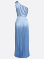 Blue Pleated Asymmetric Satin One Shoulder Sleeveless A-Line Maxi Dress