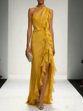 Yellow Peplum Chiffon One Shoulder Sleeveless Sheath Maxi Dress