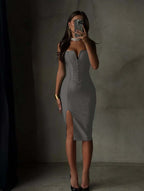 Spandex V-Neck Strapless Sleeveless Sheath Prom Dress With Buttons And Split YK0693