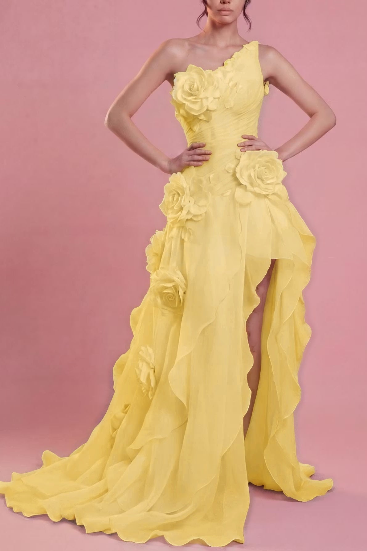 Cocoslly One Shoulder Sleeveless High Waist Long Split Prom Dress With Ruffles And Flowers | Blushing Pink Chiffon YC0489