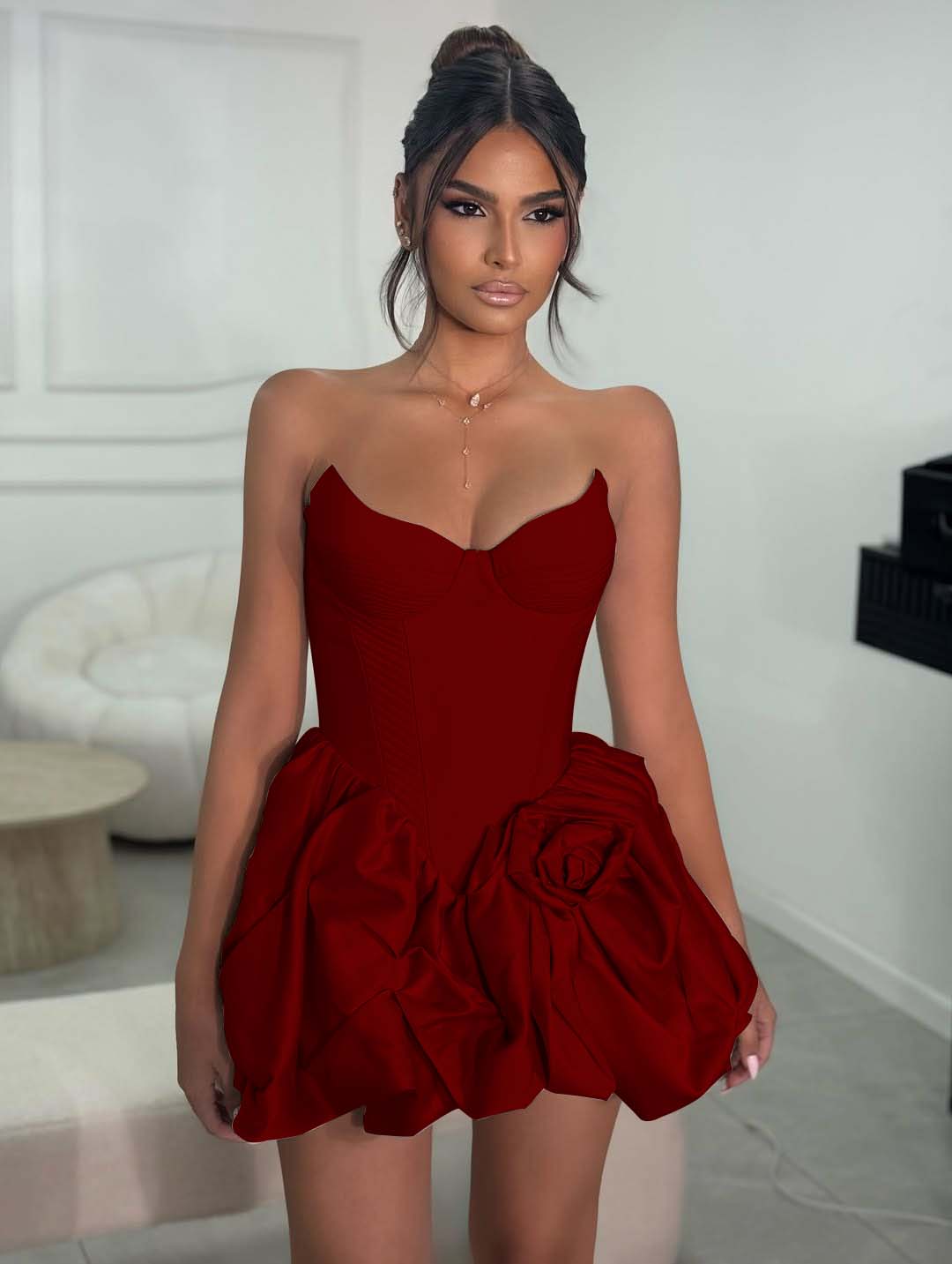 Cocoslly Strapless Sleeveless Short A-Line Pleated Prom Dress With Ruffles And Flower | Light Champage Satin ZA0278