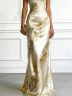 Beige Floral Satin One Shoulder Sleeveless Sheath Floor-length Gown Dress
