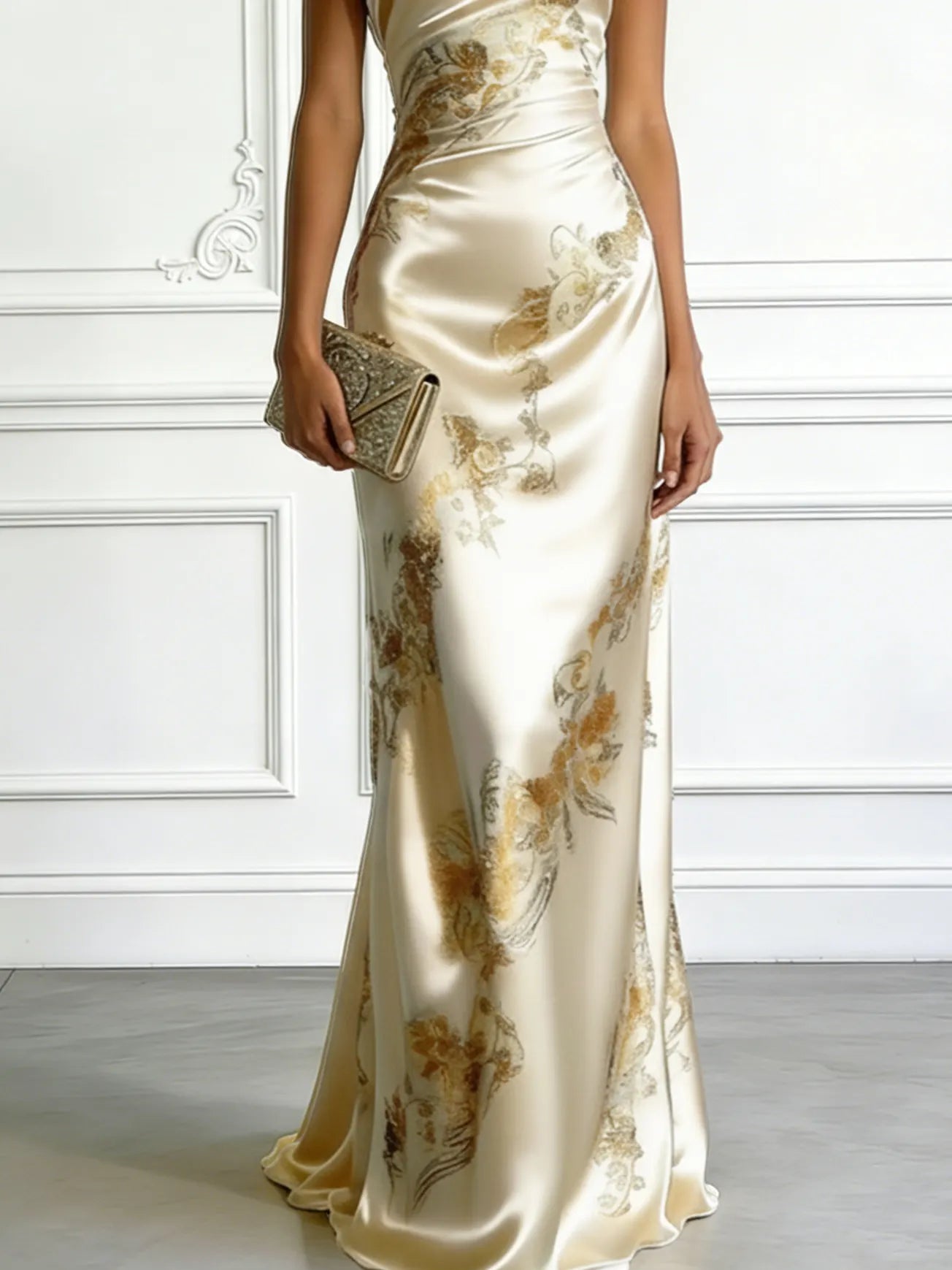 Beige Floral Satin One Shoulder Sleeveless Sheath Floor-length Gown Dress