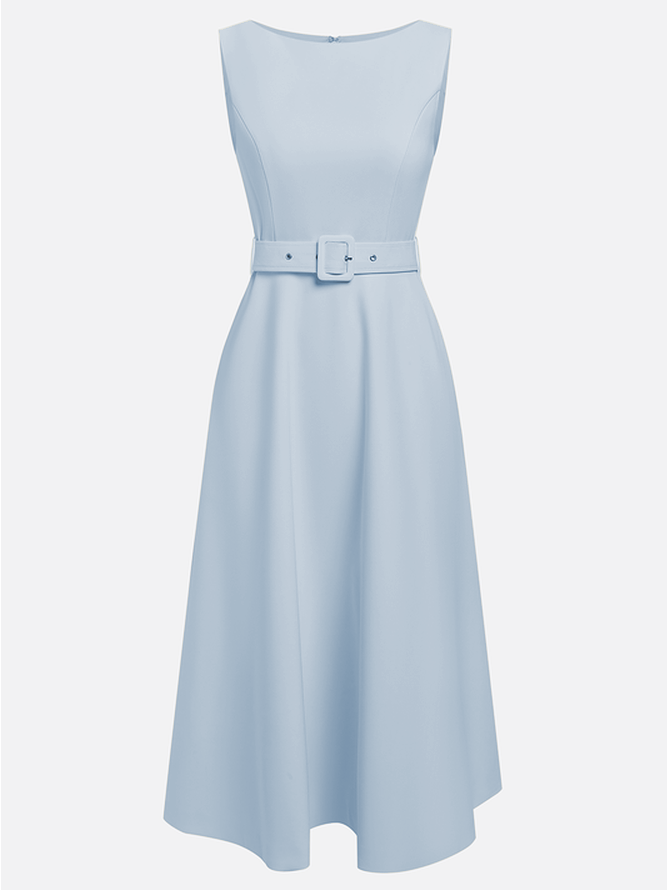 Light Blue Classic Boat Neck Sleeveless A-Line Midi Dress