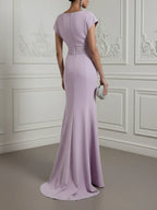 lavender Ruched Classic Boat Neck Cap Sleeve Raglan Sleeves Mermaid Floor-length Gown Dress