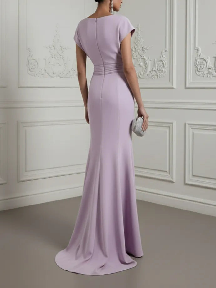 lavender Ruched Classic Boat Neck Cap Sleeve Raglan Sleeves Mermaid Floor-length Gown Dress