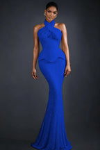 Cocoslly Halter Sleeveless High Waist Long Mermaid Prom Dress | Glod Champage Beading Pearls LR0565