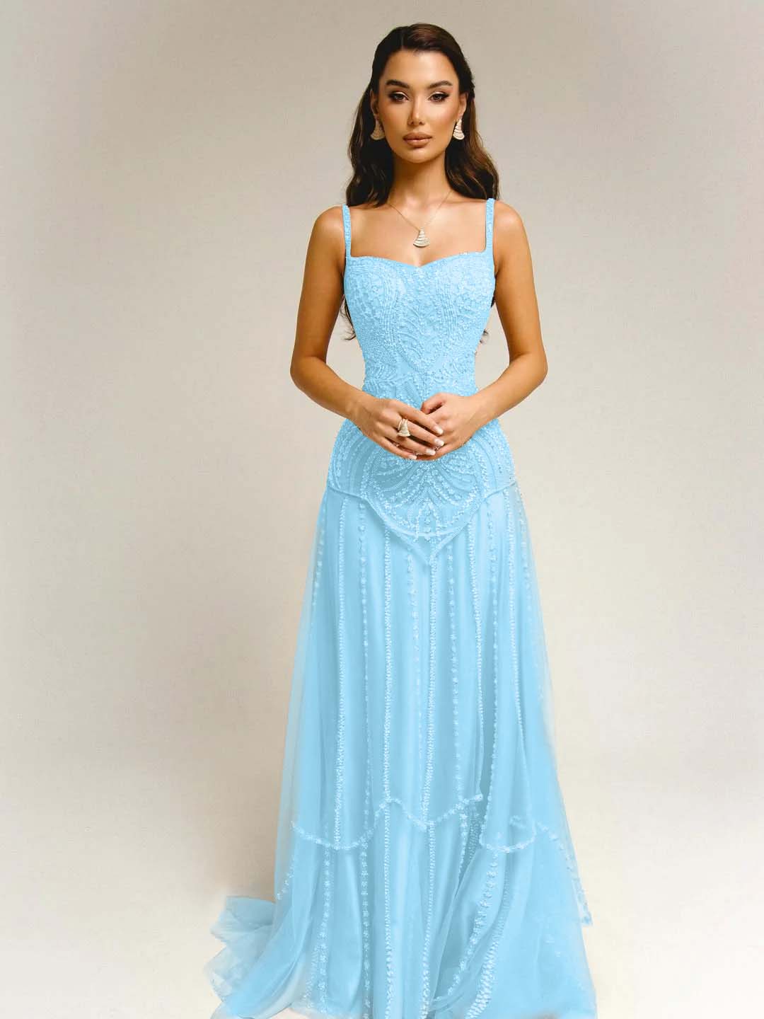 Tulle Square Neck Spaghetti Straps Strapless Sleeveless Long A-Line Prom Dress With Beadings YK0789