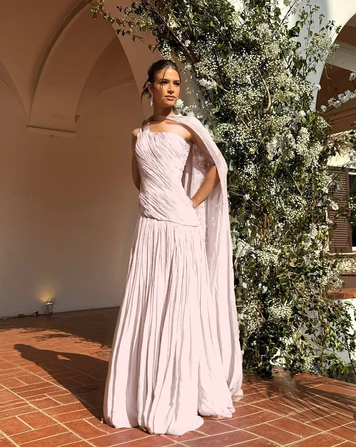 Chic One Shoulder Sleeveless Long Prom Dress With Pleated Shawl WQ0343
