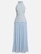 Light Blue Jacquard Chiffon Halter Neck Sleeveless A-Line Floor-length Gown Dress