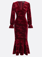 Wine Red Embossed Jacquard Velvet V Neck Long Sleeve Bell Sleeve Mermaid Maxi Dress