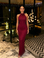 Cocoslly Halter Sleeveless High Waist Long Mermaid Prom Dress With Rhinstone | Sliver Satin LX0110