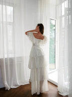 Cocoslly Off-The-Shoulder Sleeveless High Waist Long Prom Dress With Ruffles | White Chiffon LX0115