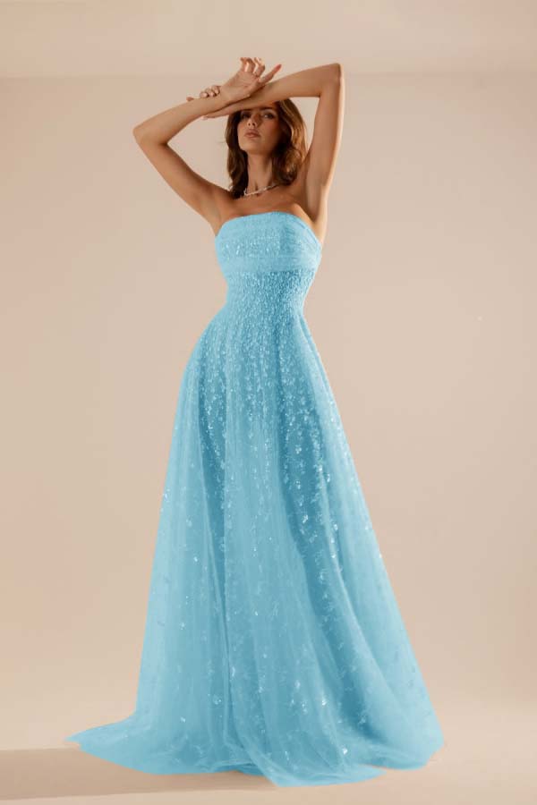 Charming Tulle Strapless Sleeveless Long Prom Dress With Beading YK0107