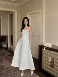 Cocoslly Strapless Sleeveless High Waist Long A Line Prom Dress With Appliques | White Satin WT0122