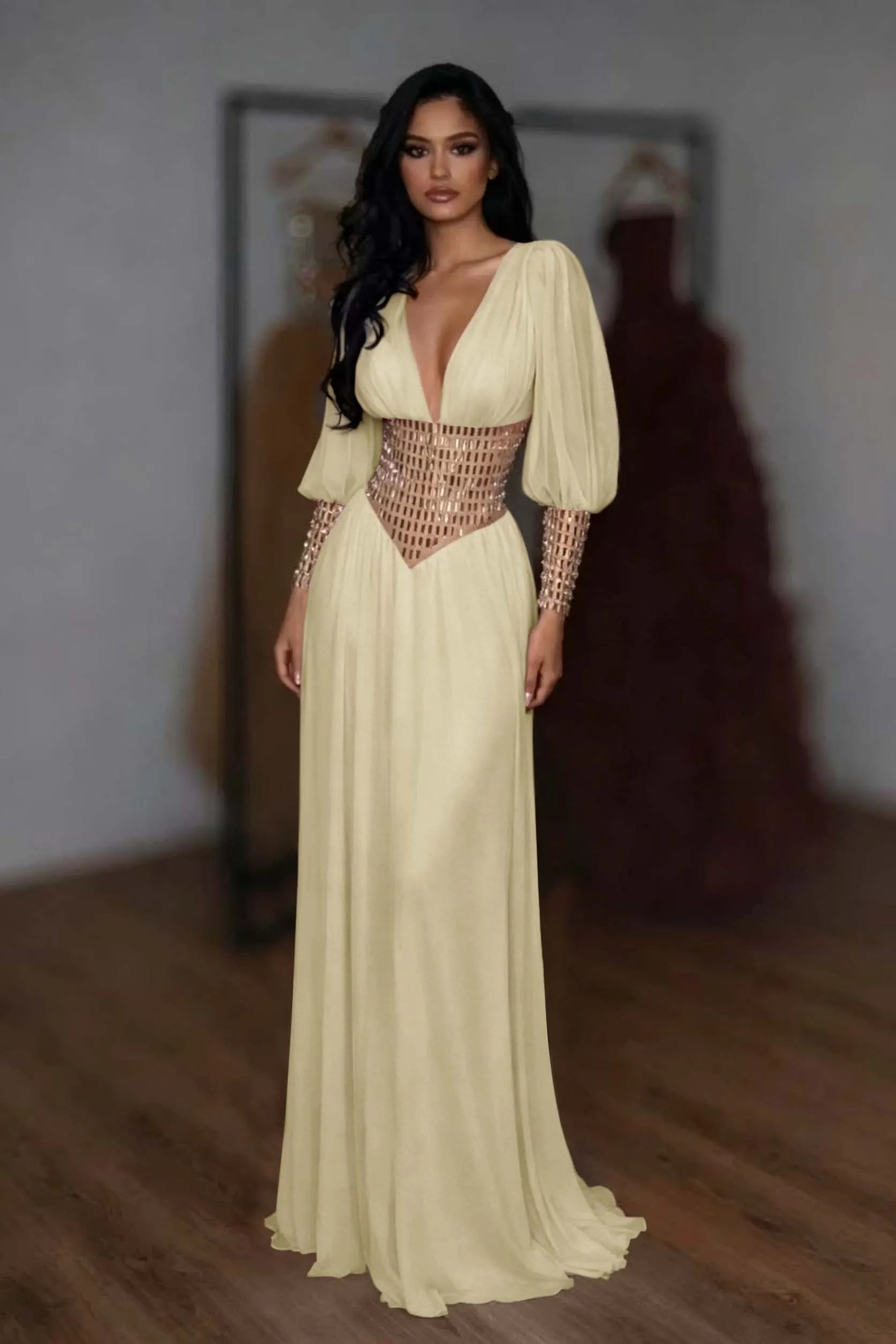 Cocoslly V-Neck Long Sleeves High Waist Long Prom Dress With Rhinstone | White Chiffon LR0373