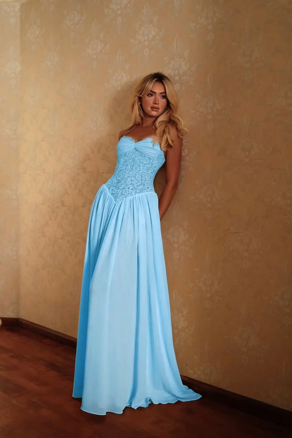 Cocoslly Spaghetti Straps Sleeveless High Waist Long Prom Dress | Glod Champage Chiffon YC0559