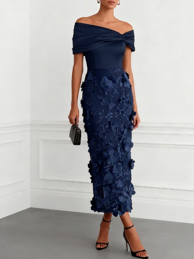 Black 3D Floral Applique Classic Off The Shoulder Short Sleeve Sheath Midi Dress