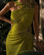 Cocoslly One Shoulder Sleeveless High Waist Long Prom Dress With Rhinstone | Green Chiffon LX0087