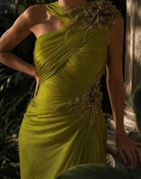 Cocoslly One Shoulder Sleeveless High Waist Long Prom Dress With Rhinstone | Green Chiffon LX0087