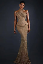 Cocoslly Halter Sleeveless High Waist Long Mermaid Prom Dress | Glod Champage Beading Pearls LR0565