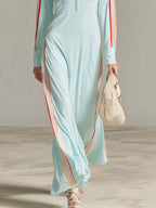 Retro Sporty Ice-Blue Half-Zip Stand-Collar Racing-Stripe Long-Sleeve Maxi Dress