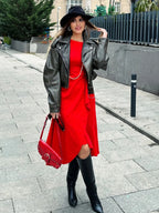 Red Asymmetric Ruffled Classic Boat Neck Sleeveless Midi Elegant A-line Dress with Waist Twist for Day-to-Night
