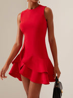 Red Ruffled Crew Neck Sleeveless A-line Mini Homecoming Dress