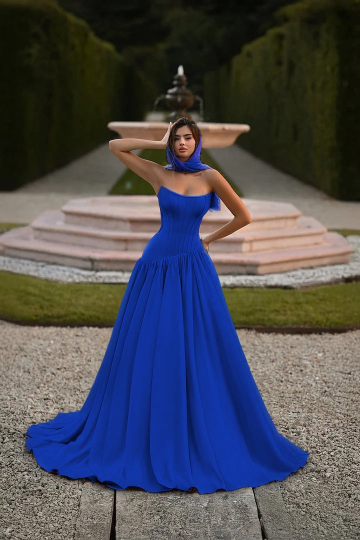 Satin Strapless Sleeveless Long A-Line Prom Dress With Pleated And Corset YK0797