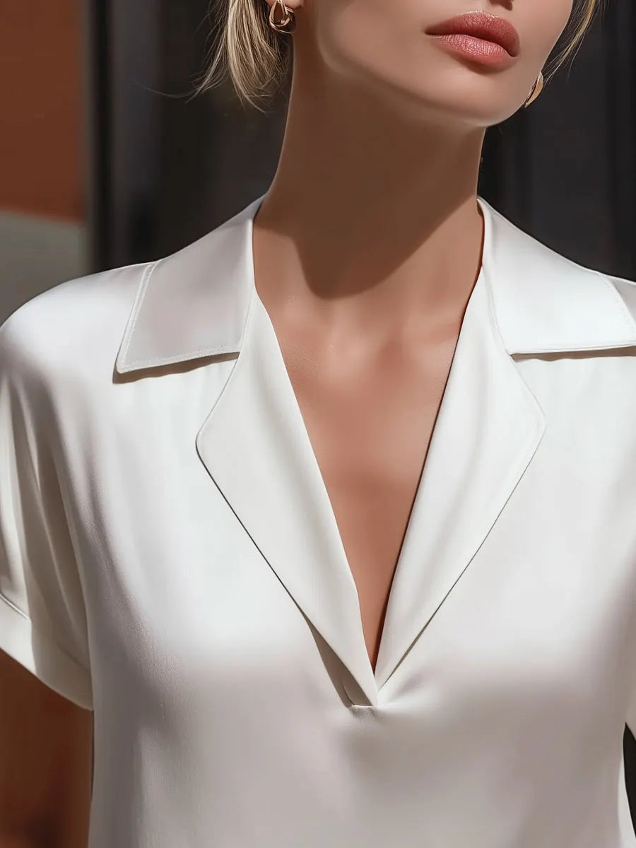 Relaxed Satin Notch Collar Short Sleeve Blouse
