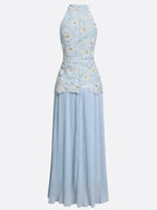 Light Blue Jacquard Chiffon Halter Neck Sleeveless A-Line Floor-length Gown Dress
