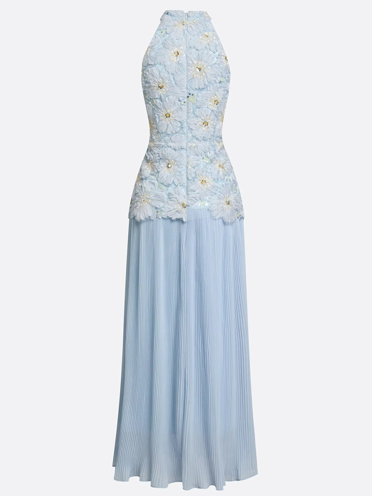 Light Blue Jacquard Chiffon Halter Neck Sleeveless A-Line Floor-length Gown Dress