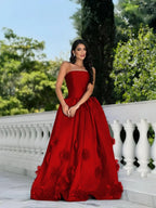 Satin Strapless Sleeveless Long A-Line Prom Dress With Flower Appliques And Pleated YK0617