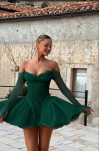 Cocoslly Strapless Long Sleeves Short Prom Dress With Appliques And Pleated | Daffodil Lace YQ0138