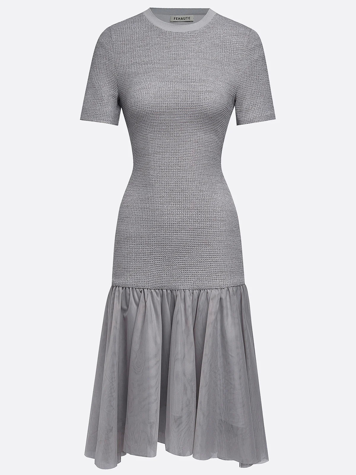 Gray Asymmetric Knit Cotton Crew Neck Half Sleeve Mermaid Midi Dress