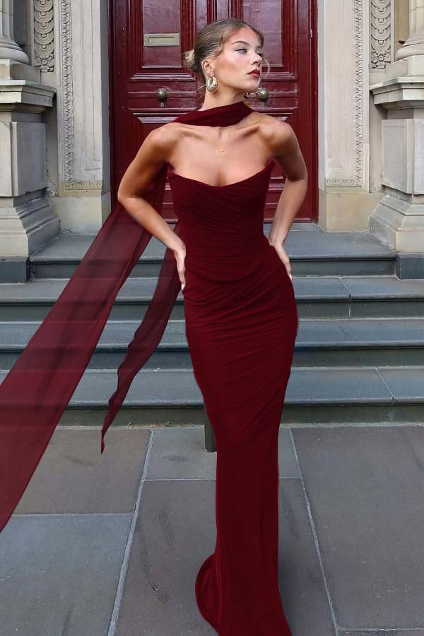 Chiffon Strapless Sleeveless Long Mermaid Prom Dress With Pleated YK0036