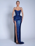 V-Neck Spaghetti Straps Sleeveless Long Mermaid Prom Dress With Split And Sequins YK0713