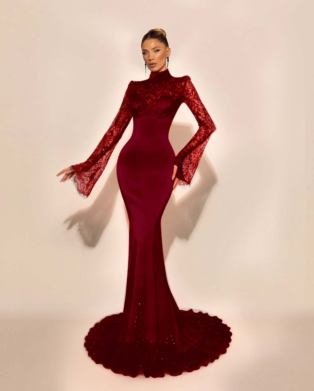 High Neck Lace Long Sleeves Long Mermaid Prom Dress With Pleated YK0572