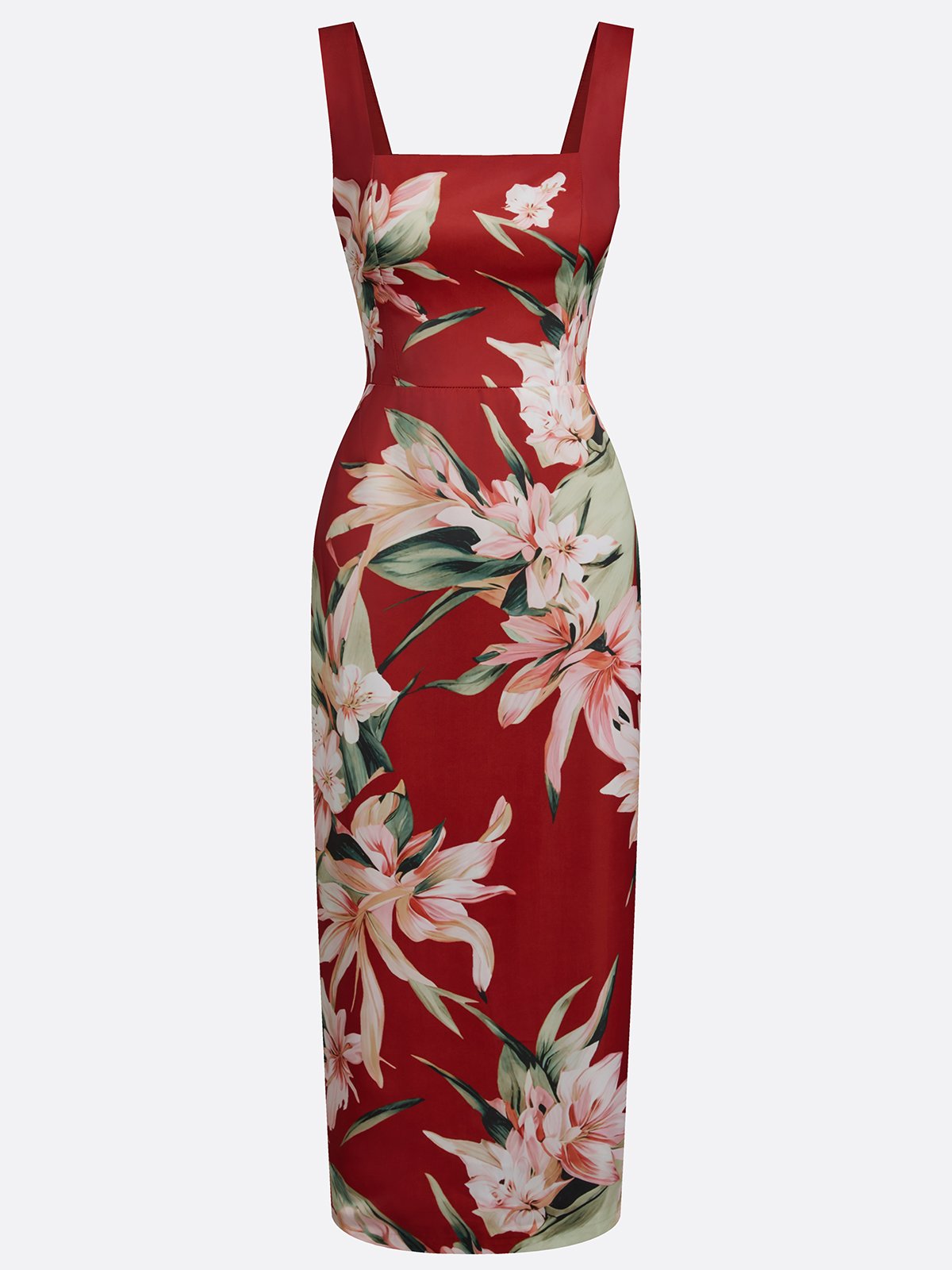 Red Floral Satin Square Neck Sleeveless Sheath Midi Dress