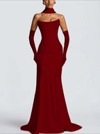 Strapless Sleeveless Long Pleated Mermaid Prom Dress With Ruffles And Gloves YK0718