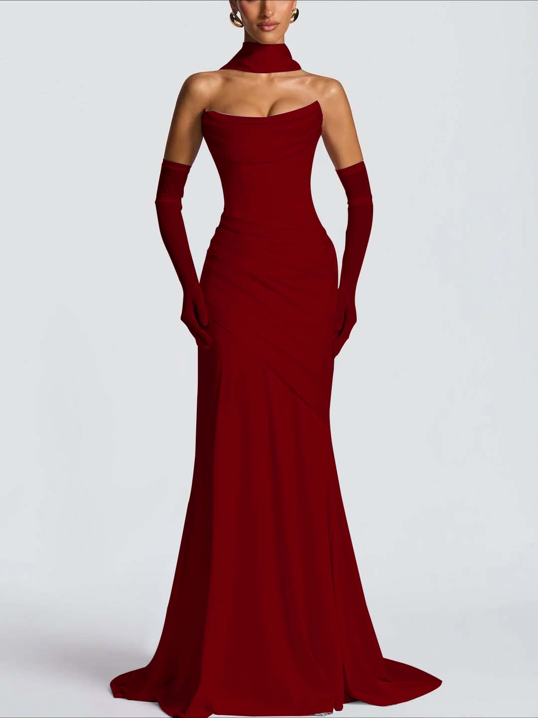 Strapless Sleeveless Long Pleated Mermaid Prom Dress With Ruffles And Gloves YK0718