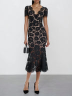 Black Lace Edge Cotton V Neck Short Sleeve Mermaid Midi Dress