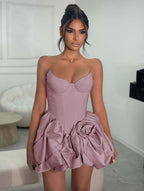 Cocoslly Strapless Sleeveless Short A-Line Pleated Prom Dress With Ruffles And Flower | Light Champage Satin ZA0278